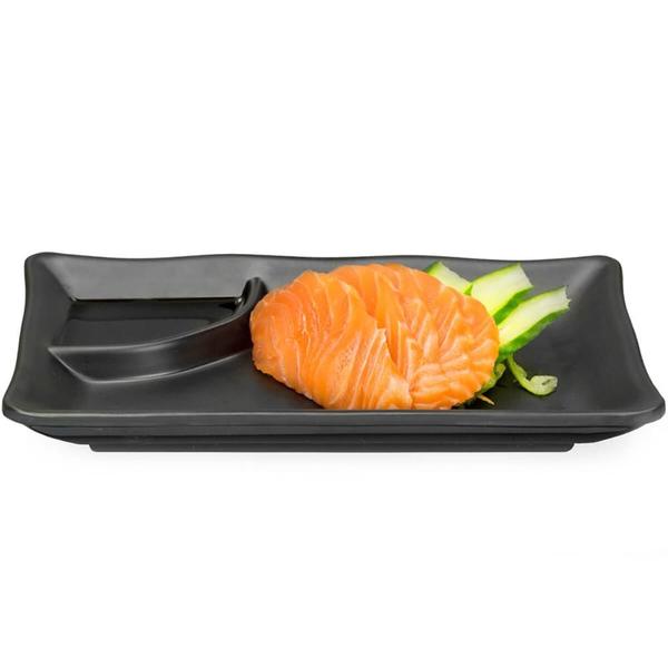 Imagem de Prato para Sushi Sashimi Com Porta Shoyu 19x12cm Melamina Preto Comida Japonesa