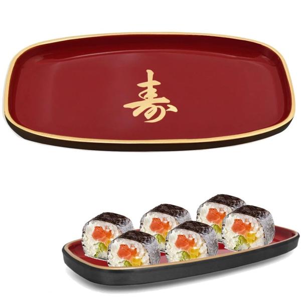 Imagem de Prato Pequeno Oval para Sushi com Ideograma 17 Cm Vermelho  Nihon Shikko 