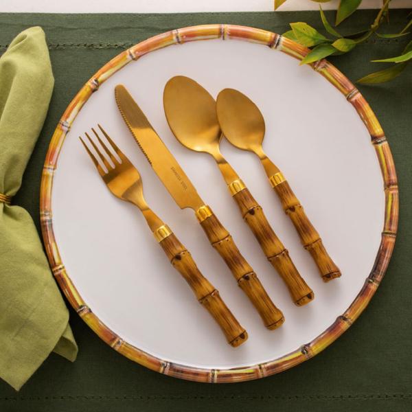 Imagem de Prato Raso Para Jantar Refeições Branco De Melamina Com Borda Bambu 27cm