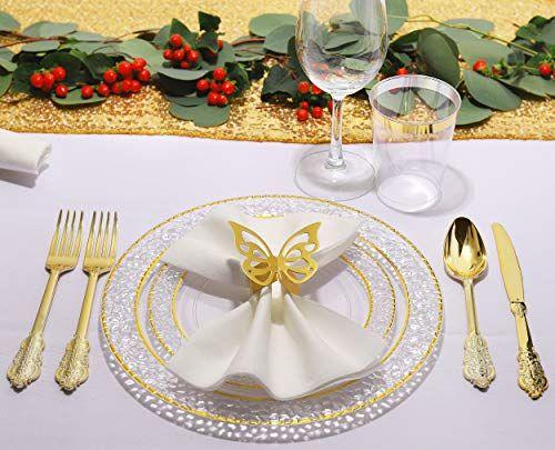 Imagem de Pratos de plástico dourado Nervure 102 PCS - Pratos de plástico descartáveis de casamento com design de cristal transparente incluem 51 pratos de jantar de plástico 10,25 polegadas, 51 pratos de salada/sobremesa 7,5 polegadas para casamentos e festas