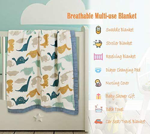 Imagem de Premium Baby Muslin Swaddle Cobertor, Baby Muslin Quilt Dino Toddler Toalha de banho Unissex recebendo cobertor, 70% bambu 30% algodão, 43X45inchs (dinossauro azul)