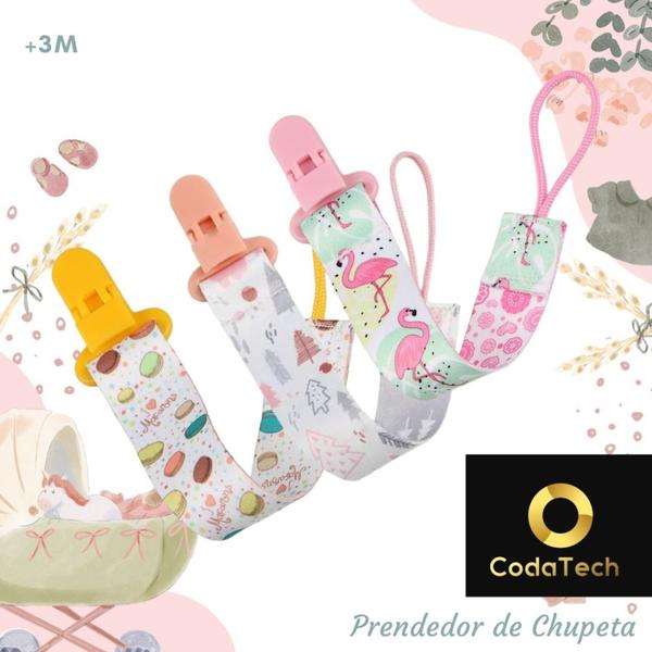 Imagem de Prendedor de Chupeta CodaTech. Estampas: Florzinha, Corações e Confetti. 1ª Foto do Anúncio KIT com 3 Unidades