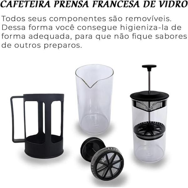 Imagem de Prensa Francesa 600ml Cremeira Café Leite Chá Chocolate Capuccino Acessório Filtro Inox Espumadora Haste Alça Resistente