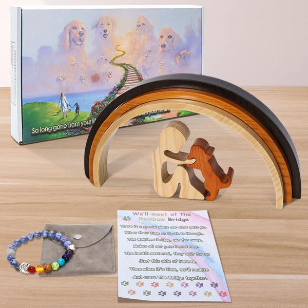 Imagem de Presentes comemorativos para animais de estimação Rainbow Bridge Dog Wood com pulseira