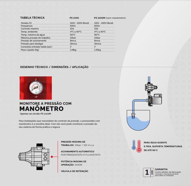 Imagem de Pressostato Eletrônico Komeco PS 1100M com Manômetro 