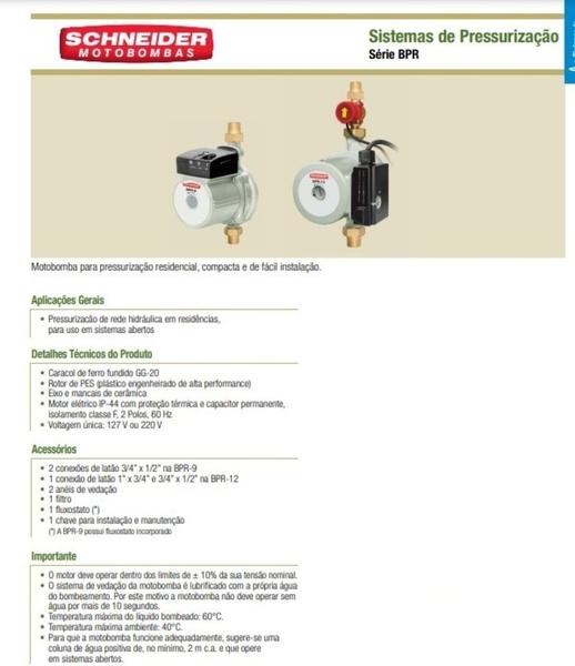 Imagem de Pressurizador Schneider BPR-12 1/3cv Monofásico 220v