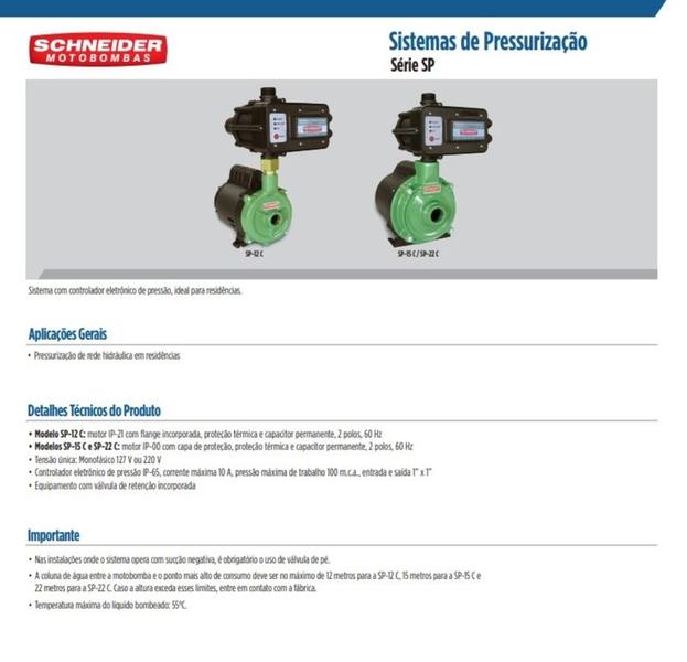 Imagem de Pressurizador Schneider SP-12C 1/2cv Monofásico 220v