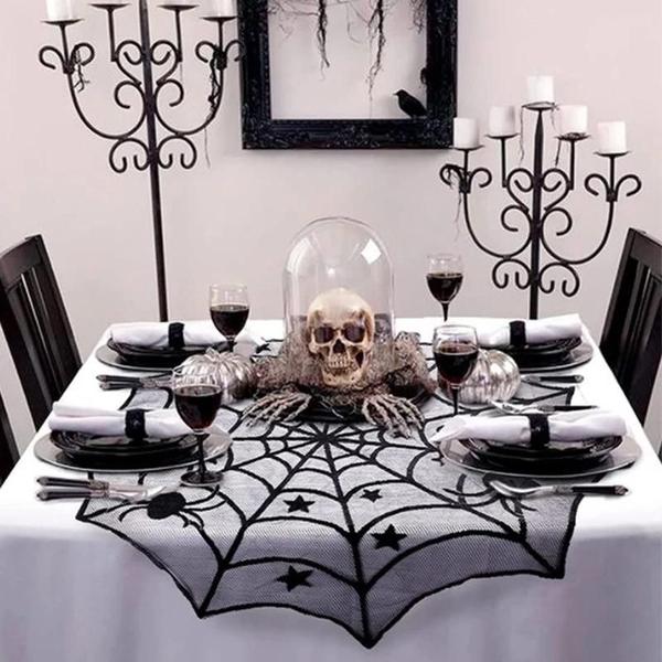 Imagem de Preto Halloween Esqueleto Crânio Aranha Web Renda Toalha De Mesa Lareira Lareira Cachecol Fontes De