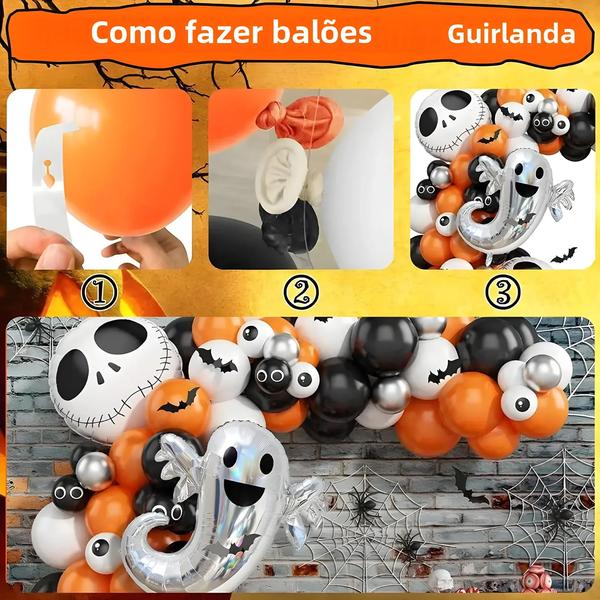 Imagem de Preto Laranja Halloween Balão Grinalda Arco Conjunto 94 Peças Confetes Globo Ocular Balões Fontes De