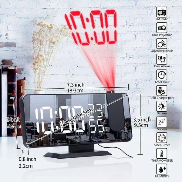 Imagem de Projeção de tela de espelho LED de despertador com rádio FM