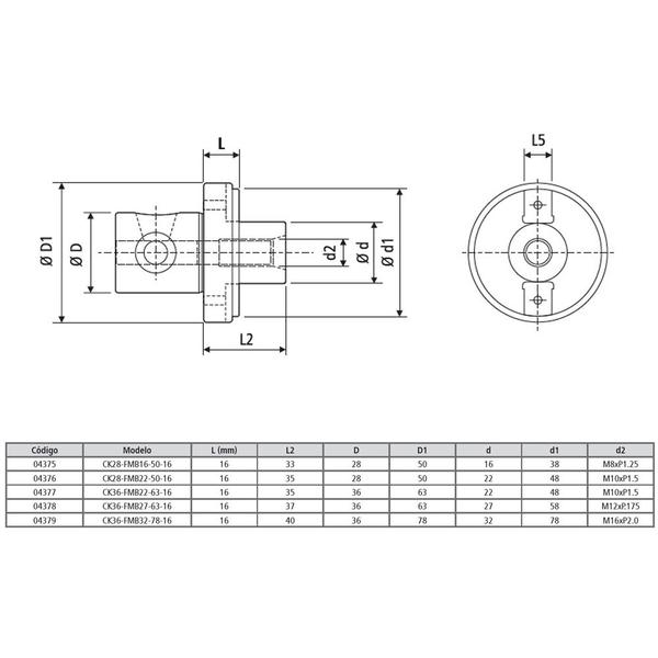 Imagem de Prolongador Porta Fresa Facear para Cone Modular Modelo CK28-FMB22-50-16