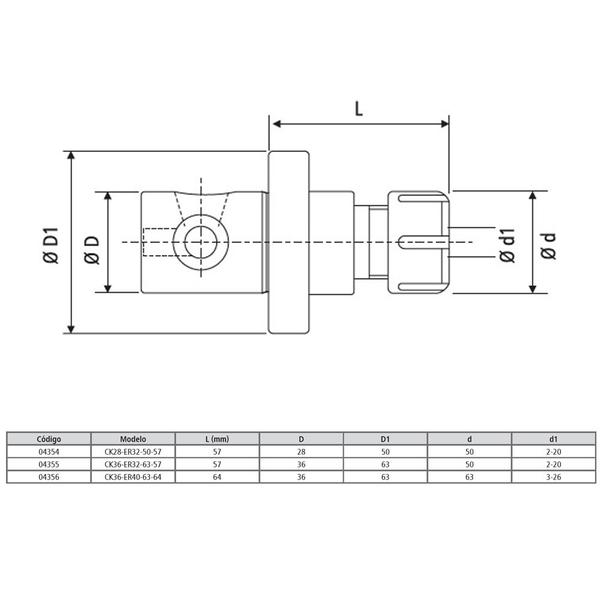 Imagem de Prolongador Porta Pinça ER para Cone Modular Modelo CK36-ER32-63-57