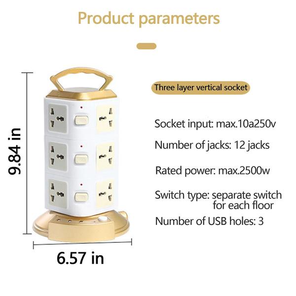 Imagem de Protetor contra surtos de régua de energia - Torre de régua de energia com 3 portas USB e 12 plugues de soquete universais, cabo de extensão de 6,6 pés de comprimento