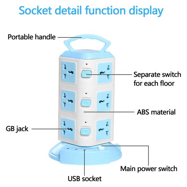 Imagem de Protetor contra surtos de régua de energia - Torre de régua de energia com 3 portas USB e 20 plugues de soquete universais, cabo de extensão de 6,6 pés de comprimento - Estação de carregamento universal Ver