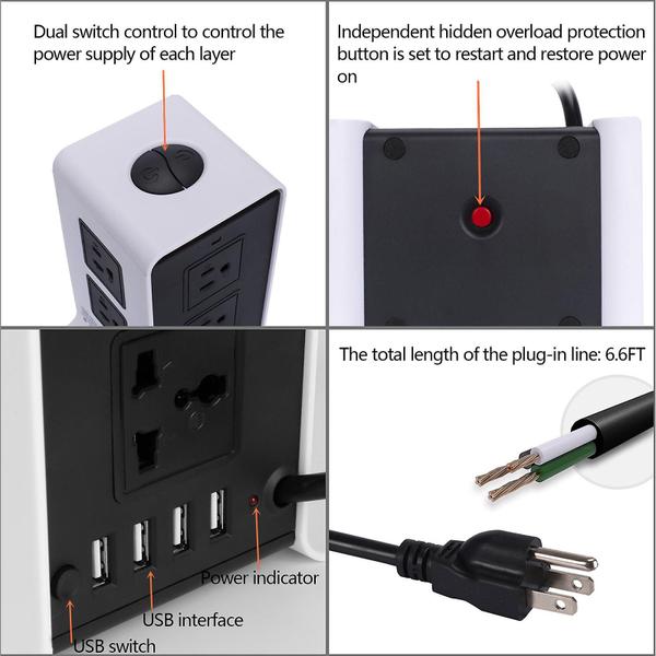 Imagem de Protetor contra surtos de régua de energia - Torre de régua de energia com 4 portas USB e 8 plugues de soquete universais, cabo de extensão de 6,6 pés de comprimento - Estação de carregamento universal Vert