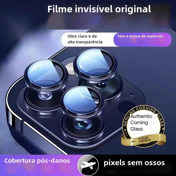 Imagem de Protetor de Lente de Câmera de Metal para iPhone 15 Pro Max e iPhone 13 - Anel de Vidro Temperado