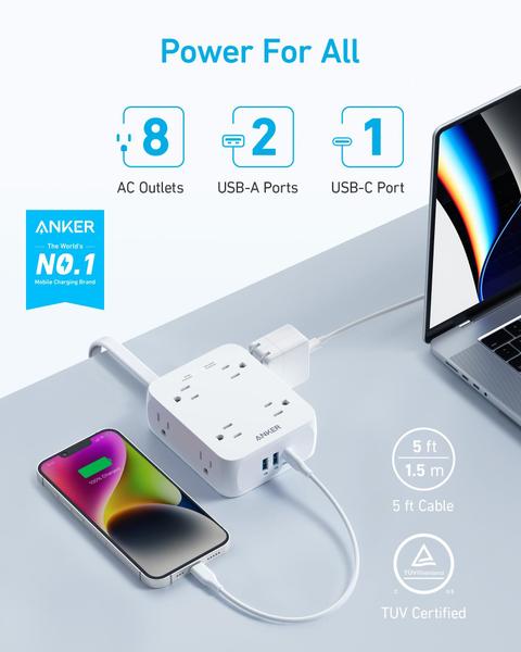 Imagem de Protetor de sobretensão Power Strip Anker 8 tomadas 2 USB A 1 USB C