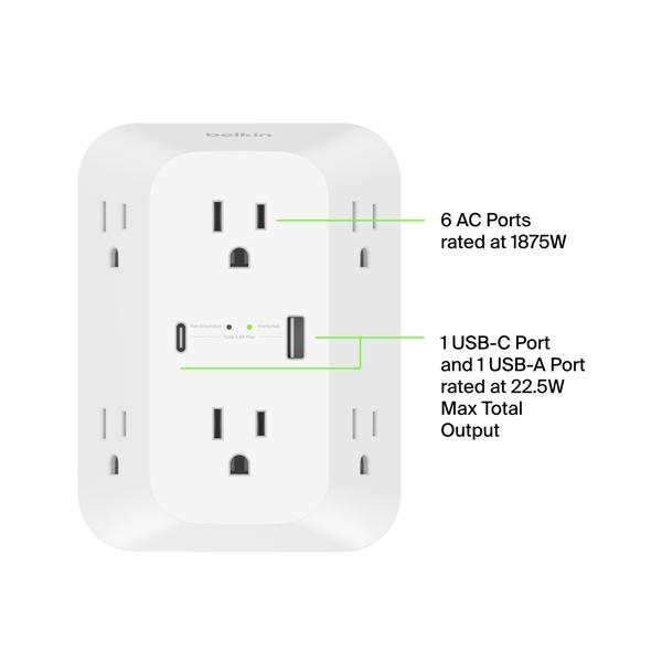 Imagem de Protetor de sobretensão Power Strip Belkin 6-Outlet com USB-C PD