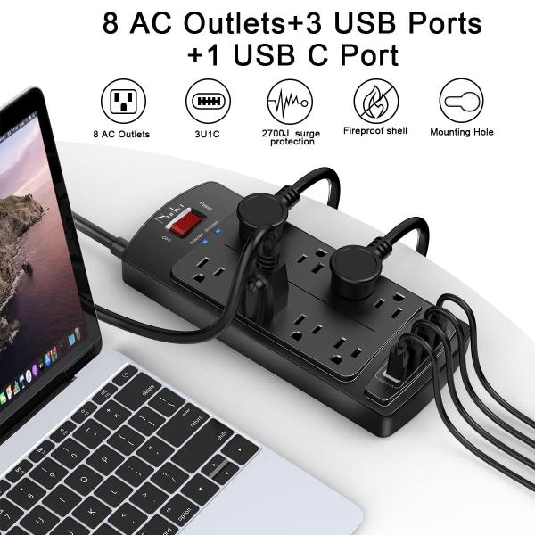 Imagem de Protetor de sobretensão Power Strip Nuesta 8 tomadas 4 portas USB Bla