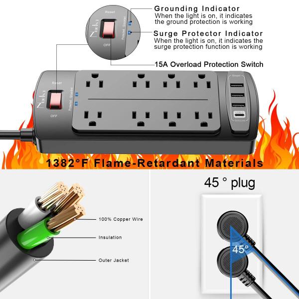 Imagem de Protetor de sobretensão Power Strip Nuesta 8 tomadas 4 portas USB Bla