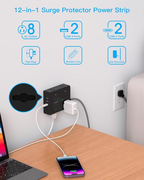 Imagem de Protetor de sobretensão Power Strip One Beat 25 pés com 8 tomadas e 4 USB