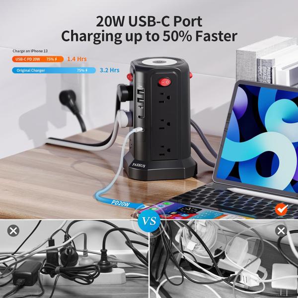 Imagem de Protetor de sobretensão Power Strip PASSUS Long de 16 pés com USB-C PD20W