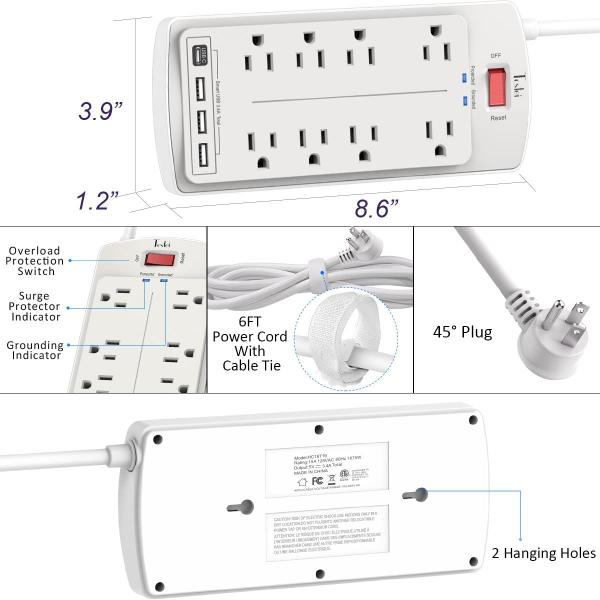 Imagem de Protetor de sobretensão Power Strip Tcstei 8 tomadas 4 portas USB cinza