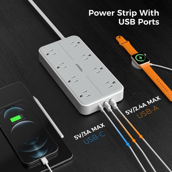 Imagem de Protetor de sobretensão Power Strip TESSAN de 10 pés com 8 tomadas, 3 USB