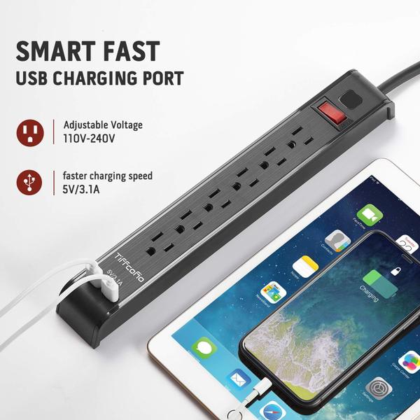 Imagem de Protetor de sobretensão Power Strip Tiffcofio 6 tomadas 2 USB de 10 pés