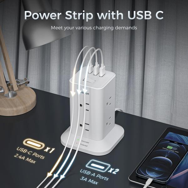 Imagem de Protetor de sobretensão Power Strip Tower TESSAN de 10 pés com 8 AC 3 USB