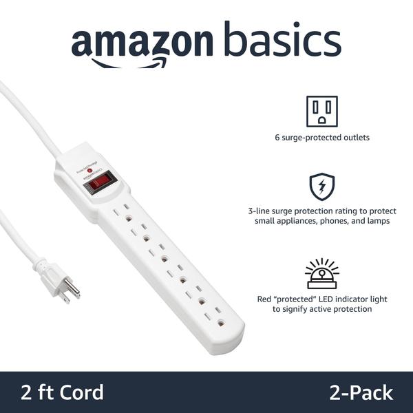 Imagem de Protetor de Surtos Amazon Basics - 6 Tomadas com 2 USB - Branco