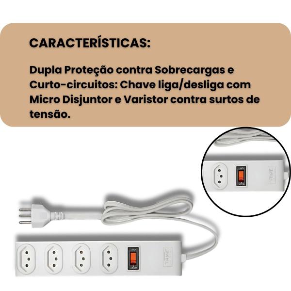 Imagem de Protetor Eletrônico Branco com 4 Tomadas 2p+T 10A/250V com Cabo 1M - Fame