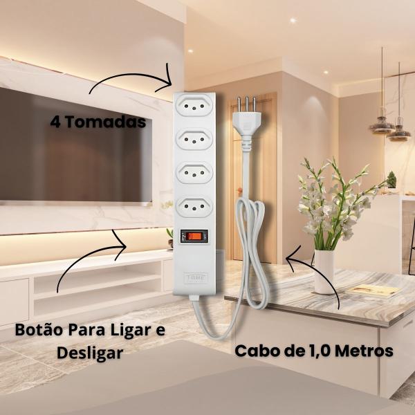 Imagem de Protetor Eletrônico Branco com 4 Tomadas 2p+T 10A/250V com Cabo 1M - Fame