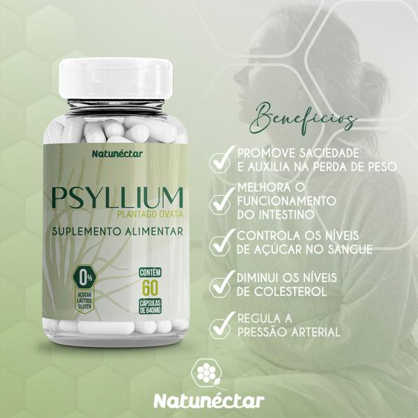 Imagem de Psyllium Suplemento Alimentar Produto Natural 100% Puro Original Premium 60 Cápsulas Natunéctar