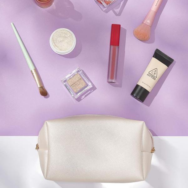 Imagem de PU Bolsa Cosmética de Couro para Mulheres Meninas Minimalismo Bolsa de Maquiagem para Uso Diário Bolsa de Armazenamento Portátil Pequena Bolsa Cosmética Limpa Bolsa de Higiene Resistente à Água para Viagem (Prata)