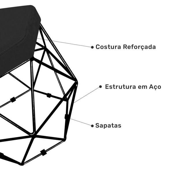 Imagem de Puff Banco Decorativo Aramado Hexagonal Base Eiffel Preta Suede Preto - Desk Design