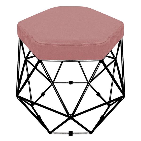 Imagem de Puff Banco Decorativo Aramado Hexagonal Base Eiffel Preta Suede Rosê - Desk Design