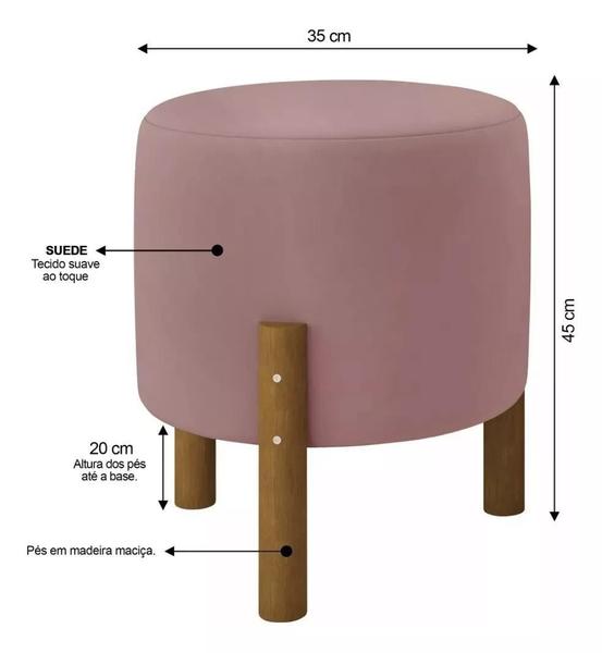 Imagem de Puff Banqueta Decoração Quarto Suede Rose Pé Em Madeira