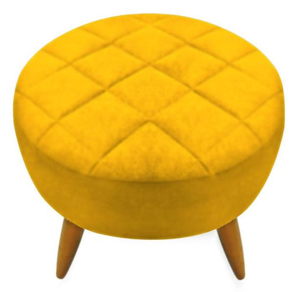 Imagem de Puff banqueta redondo amarelo pé palito com detalhe em costura