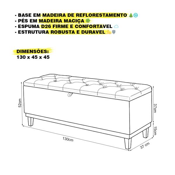 Imagem de Puff Baú Recamier 1,30 Em Linho Premium Com Base de Madeira