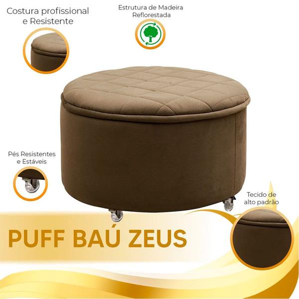 Imagem de Puff Baú Sapateira Zeus 70x70 Com Rodízio Sued Marrom Castor VS Decor