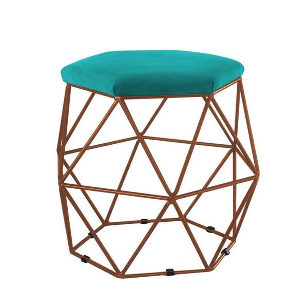 Imagem de Puff Decorativo Aramado Bronze Azul Tiffany Suede Hexâgono Geométrico