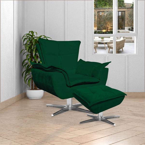 Imagem de Puff Decorativo Base Giratória Cromada Charger Suede Verde G19 - Gran Belo