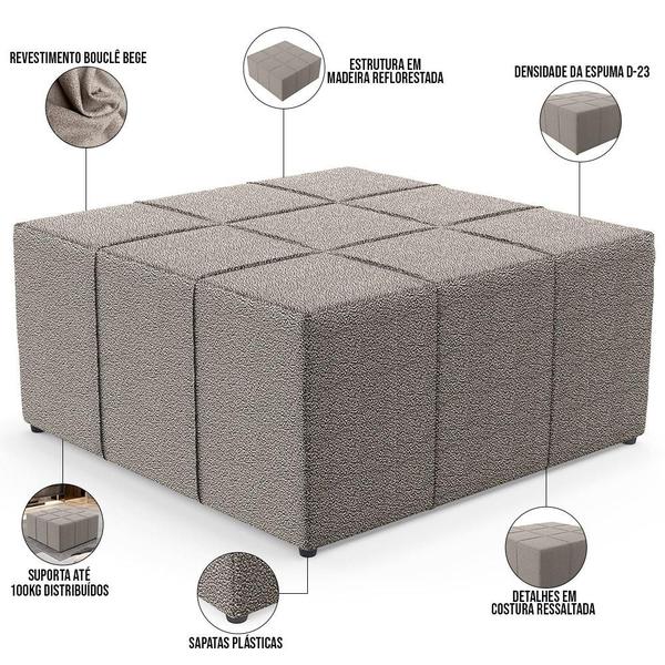 Imagem de Puff Decorativo Para Sala de Estar Quadrado Milano 90x90cm W01 Bouclê Bege - Lyam Decor