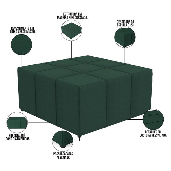 Imagem de Puff Decorativo Para Sala de Estar Quadrado Milano 90x90cm W01 Linho Verde Musgo - Lyam Decor