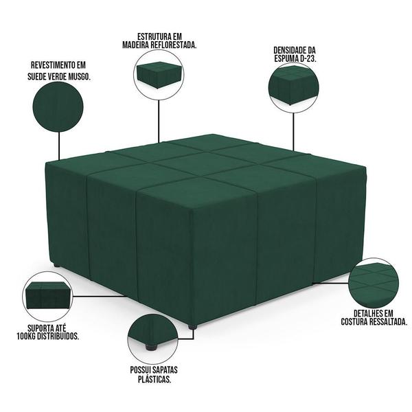 Imagem de Puff Decorativo Para Sala de Estar Quadrado Milano 90x90cm W01 Suede Verde Musgo - Lyam Decor