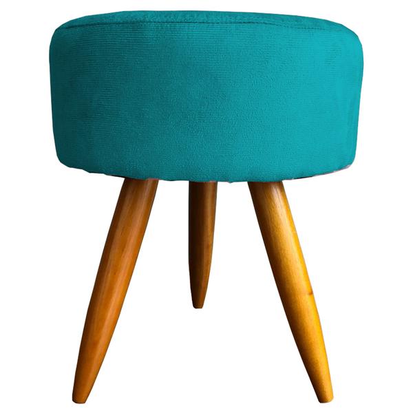 Imagem de Puff decorativo para sala redondo suede azul turquesa pé castanho - clique e decore