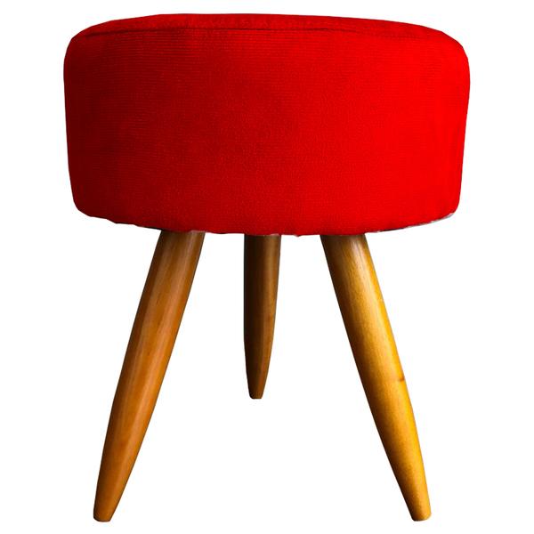 Imagem de Puff decorativo para sala redondo suede vermelho pé castanho - clique e decore