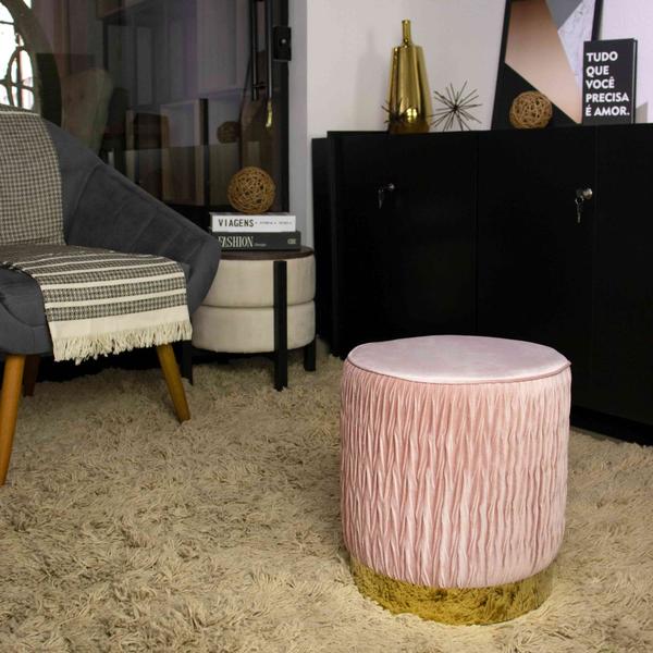 Imagem de Puff Decorativo Redondo Tati Veludo Rosa com Base Dourada 38 cm - D'Rossi