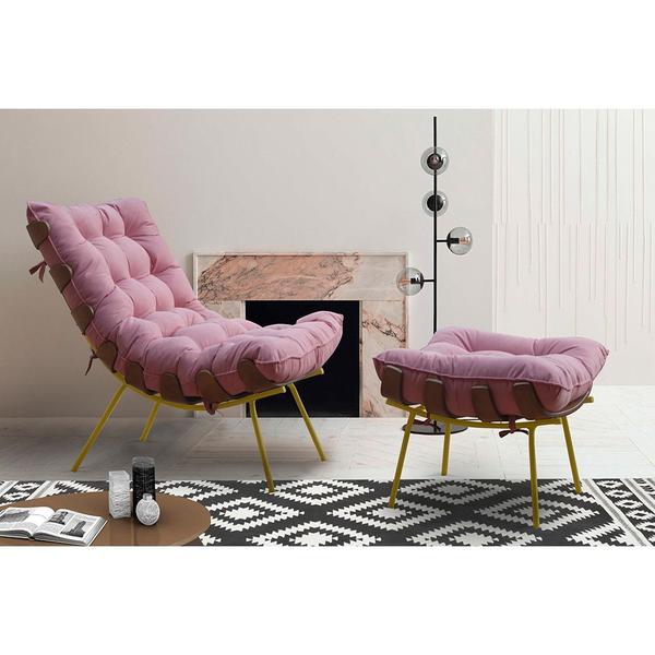 Imagem de Puff Decorativo Sala de Estar Abel Base de Madeira Dourado Suede Rosa G41 - Gran Belo